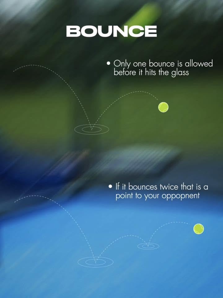 Bounce: only one bounce is allowed, a second bounce is a point to your opponents
